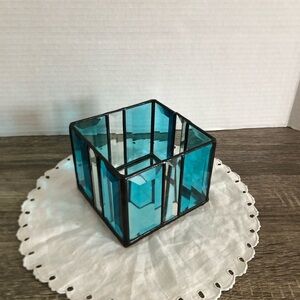 Handmade Teal Stained Glass Square Candle Holder